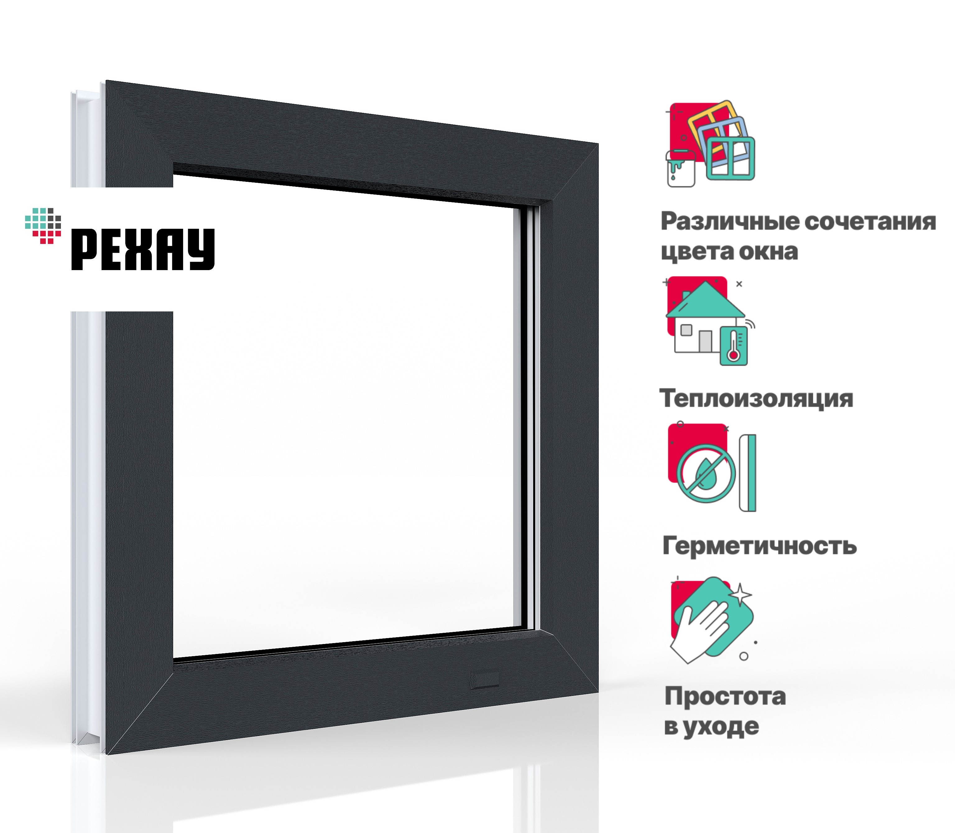 Пластиковое окно РЕХАУ EXPERIENCE BLITZ 500х500 мм (ВхШ) одностворчатое, глухое, двухкамерный стеклопакет, антрацитово-серый снаружи